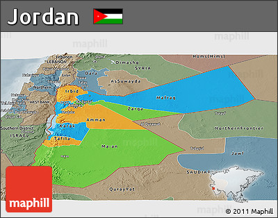Political Panoramic Map of Jordan, semi-desaturated