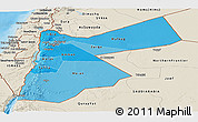 Political Shades Panoramic Map of Jordan, shaded relief outside, bathymetry sea