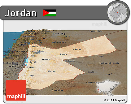 Satellite Panoramic Map of Jordan, darken, land only