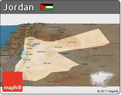 Satellite Panoramic Map of Jordan, darken, land only