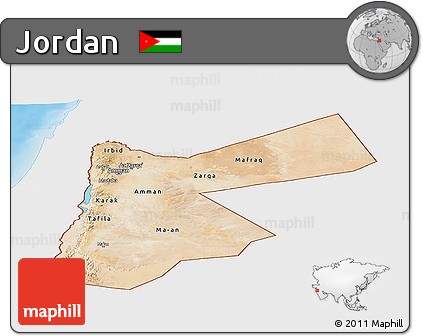 Satellite Panoramic Map of Jordan, single color outside, shaded relief sea