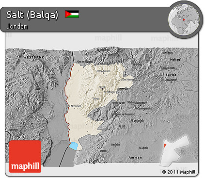 Shaded Relief 3D Map of Salt (Balqa), darken, desaturated