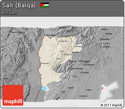 Shaded Relief 3D Map of Salt (Balqa), darken, desaturated