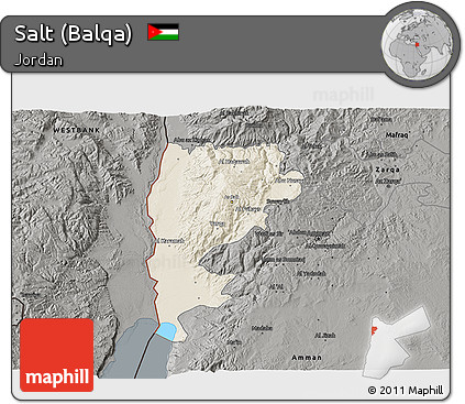 Shaded Relief 3D Map of Salt (Balqa), darken, semi-desaturated