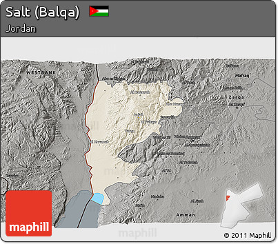 Shaded Relief 3D Map of Salt (Balqa), darken, semi-desaturated