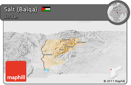 Satellite Panoramic Map of Salt (Balqa), lighten, desaturated