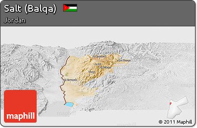 Satellite Panoramic Map of Salt (Balqa), lighten, desaturated