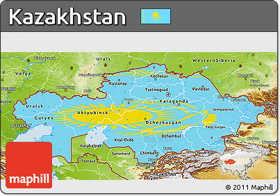Flag 3D Map of Kazakhstan, physical outside, flag rotated