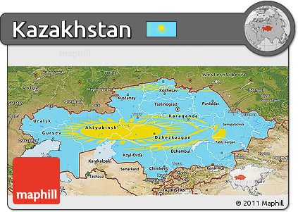 Flag 3D Map of Kazakhstan, satellite outside, bathymetry sea, flag rotated