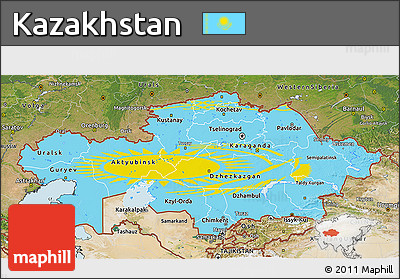 Flag 3D Map of Kazakhstan, satellite outside, bathymetry sea, flag rotated