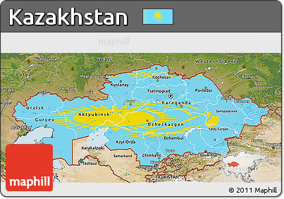 Flag 3D Map of Kazakhstan, satellite outside, bathymetry sea, flag rotated