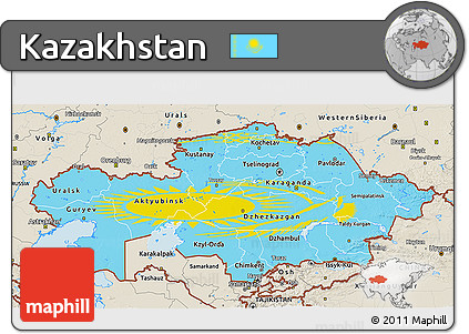 Flag 3D Map of Kazakhstan, shaded relief outside, flag rotated