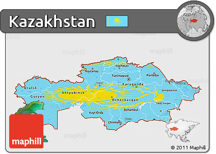 Flag 3D Map of Kazakhstan, single color outside, satellite sea, flag rotated