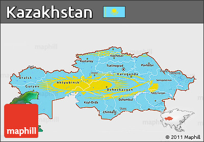 Flag 3D Map of Kazakhstan, single color outside, satellite sea, flag rotated