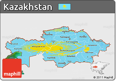 Flag 3D Map of Kazakhstan, single color outside, satellite sea, flag rotated