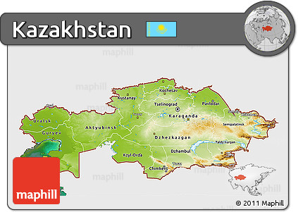 Physical 3D Map of Kazakhstan, single color outside, satellite sea