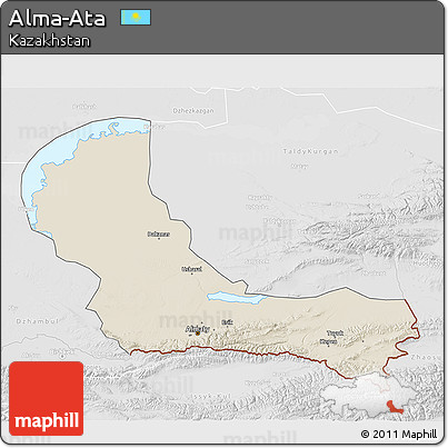 Shaded Relief 3D Map of Alma-Ata, lighten, desaturated