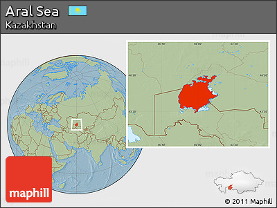 Savanna Style Location Map of Aral Sea, hill shading