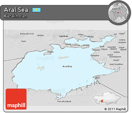 Shaded Relief Panoramic Map of Aral Sea, desaturated
