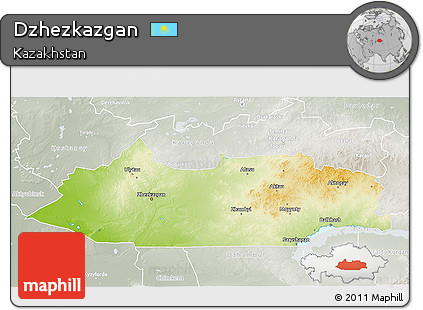 Physical 3D Map of Dzhezkazgan, lighten, semi-desaturated