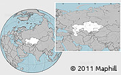 Blank Location Map of Kazakhstan, gray outside, hill shading outside