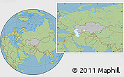 Gray Location Map of Kazakhstan, savanna style outside, hill shading inside