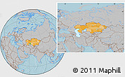 Political Location Map of Kazakhstan, gray outside, hill shading