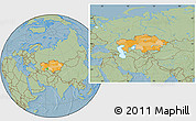 Political Location Map of Kazakhstan, savanna style outside, hill shading