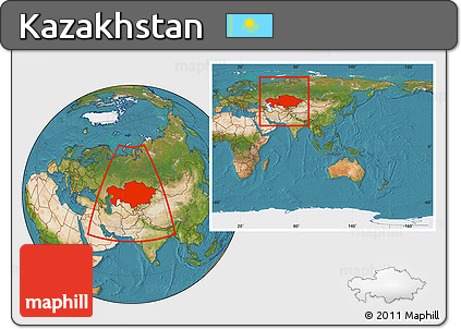 Satellite Location Map of Kazakhstan, within the entire continent