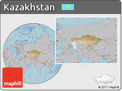 Satellite Location Map of Kazakhstan, gray outside, hill shading
