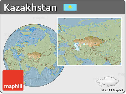 Satellite Location Map of Kazakhstan, savanna style outside, hill shading