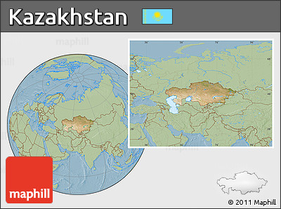 Satellite Location Map of Kazakhstan, savanna style outside, hill shading