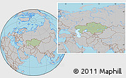 Savanna Style Location Map of Kazakhstan, gray outside, hill shading inside