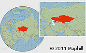 Savanna Style Location Map of Kazakhstan, hill shading