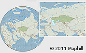 Savanna Style Location Map of Kazakhstan, lighten, land only, hill shading