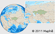 Savanna Style Location Map of Kazakhstan, shaded relief outside, hill shading