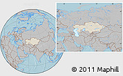 Shaded Relief Location Map of Kazakhstan, gray outside, hill shading