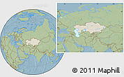 Shaded Relief Location Map of Kazakhstan, savanna style outside, hill shading