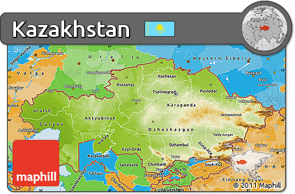 Physical Map of Kazakhstan, political outside, shaded relief sea