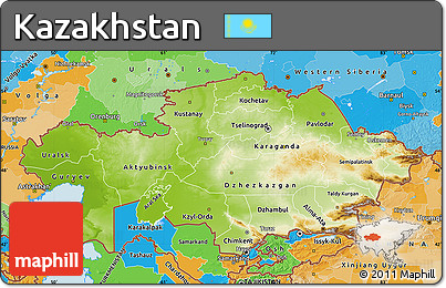 Physical Map of Kazakhstan, political outside, shaded relief sea