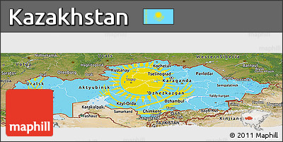 Flag Panoramic Map of Kazakhstan, satellite outside, flag centered