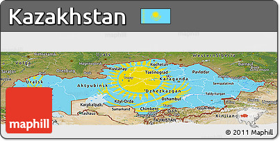Flag Panoramic Map of Kazakhstan, satellite outside, flag centered