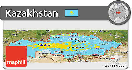 Flag Panoramic Map of Kazakhstan, satellite outside, flag rotated