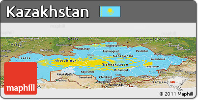 Flag Panoramic Map of Kazakhstan, satellite outside, flag rotated