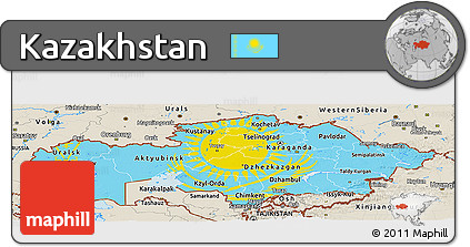 Flag Panoramic Map of Kazakhstan, shaded relief outside, flag centered