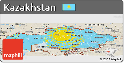 Flag Panoramic Map of Kazakhstan, shaded relief outside, flag centered
