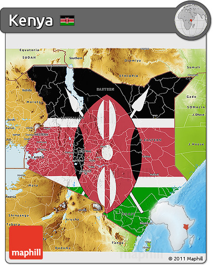 Flag 3D Map of Kenya, physical outside, bathymetry sea, flag centered