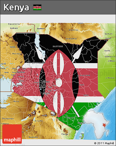 Flag 3D Map of Kenya, physical outside, bathymetry sea, flag centered