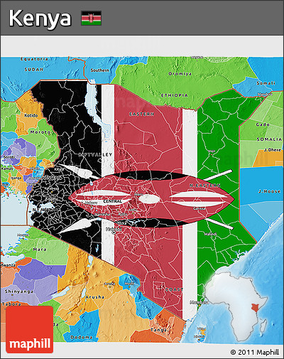Flag 3D Map of Kenya, political outside, flag rotated