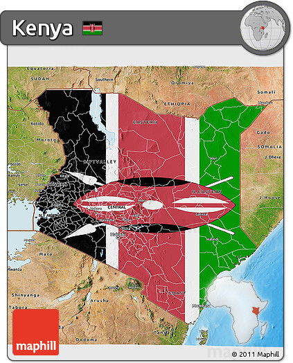 Flag 3D Map of Kenya, satellite outside, bathymetry sea, flag rotated